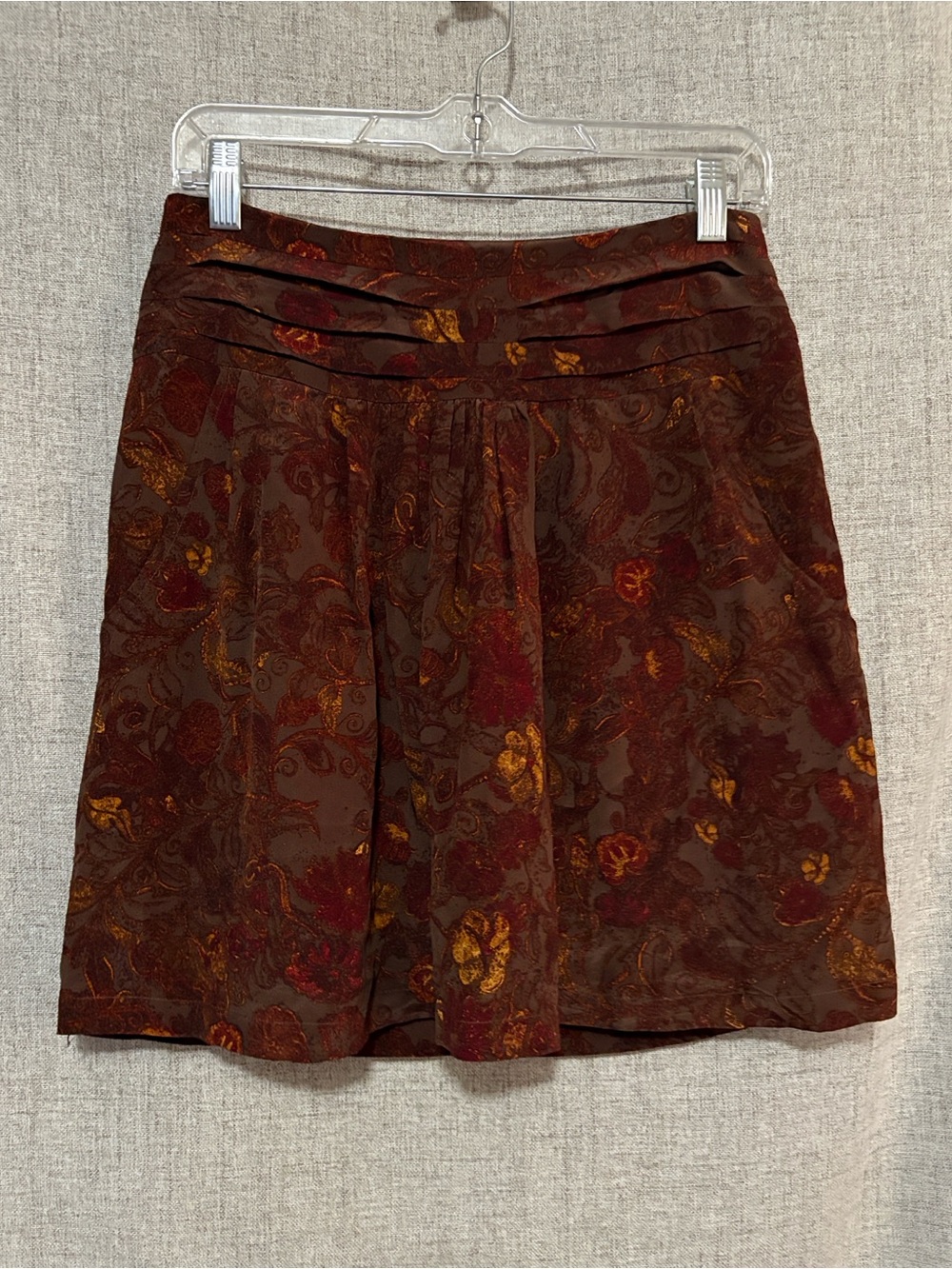 Peruvian Connection Brown Floral Mini Skirt with Red and Gold Accents